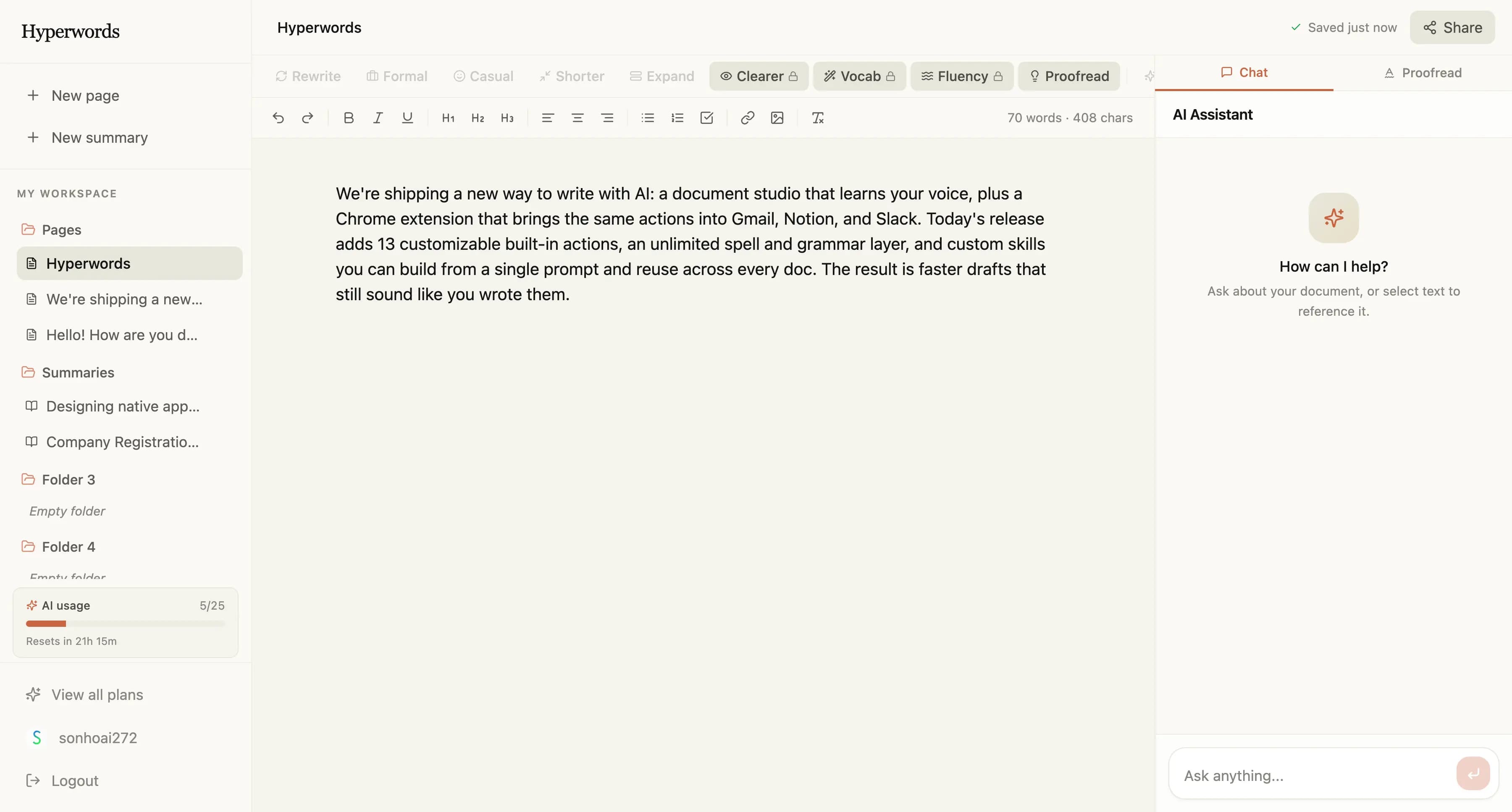 HyperWords PDF summarizer showing TL;DR, bulleted summary with page citations, and the AI Chat sidebar for follow-up questions